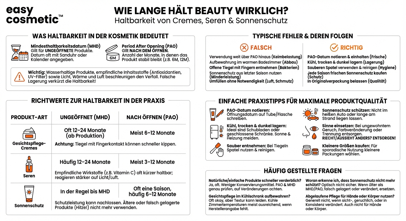 Wie lange sind Cremes, Seren und Sonnenschutz haltbar und wie bewahrt man sie auf?