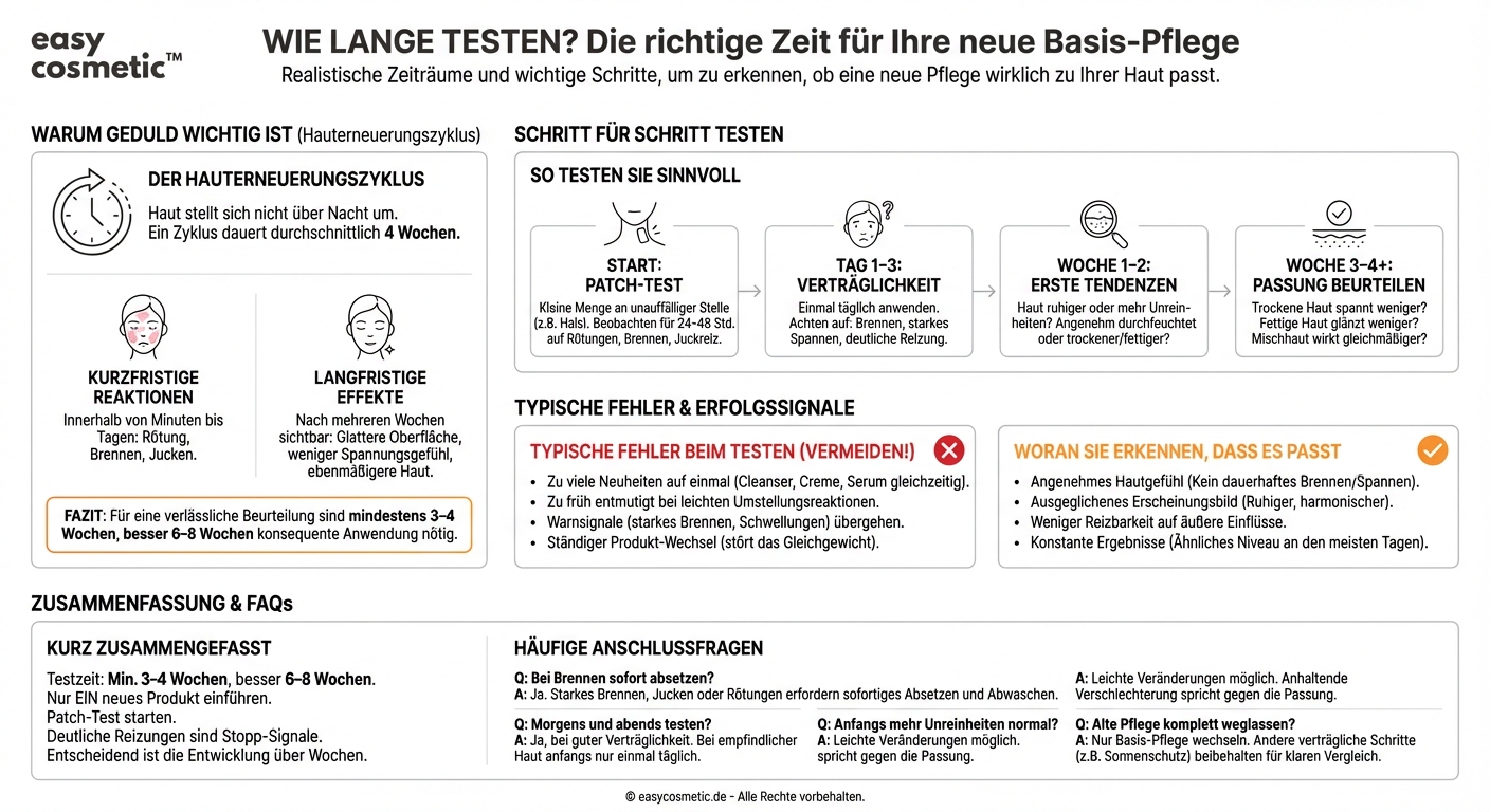 Wie lange sollte man eine neue Basis-Pflege testen, um beurteilen zu können, ob sie zum eigenen Hauttyp passt?