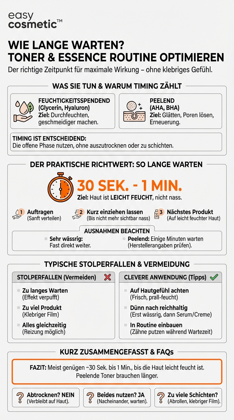 Wie lange sollte man einen Toner oder eine Essence einziehen lassen, bevor man weitere Produkte verwendet?