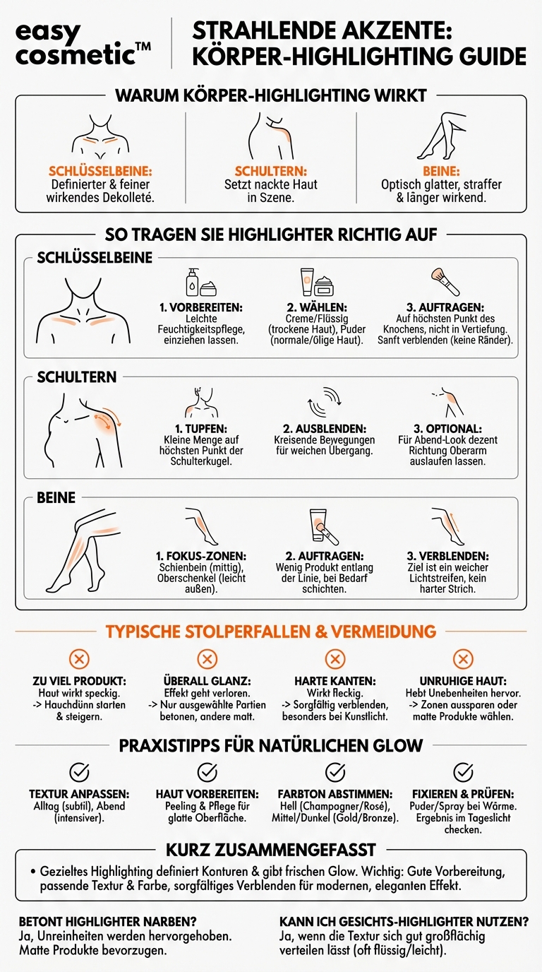 Wie nutze ich Highlighter auf Körperpartien wie Schlüsselbeinen, Schultern oder Beinen?