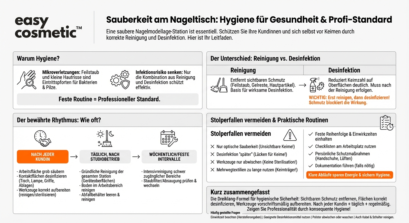 Wie oft sollte eine Nagelmodellage-Station im Studio gereinigt und desinfiziert werden?