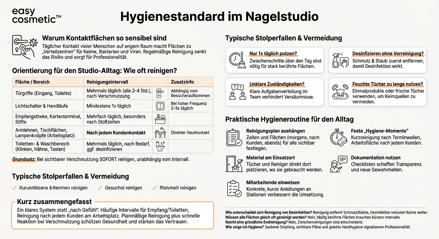 Wie oft sollten Türgriffe, Lichtschalter und andere häufig berührte Flächen im Nagelstudio gereinigt werden?