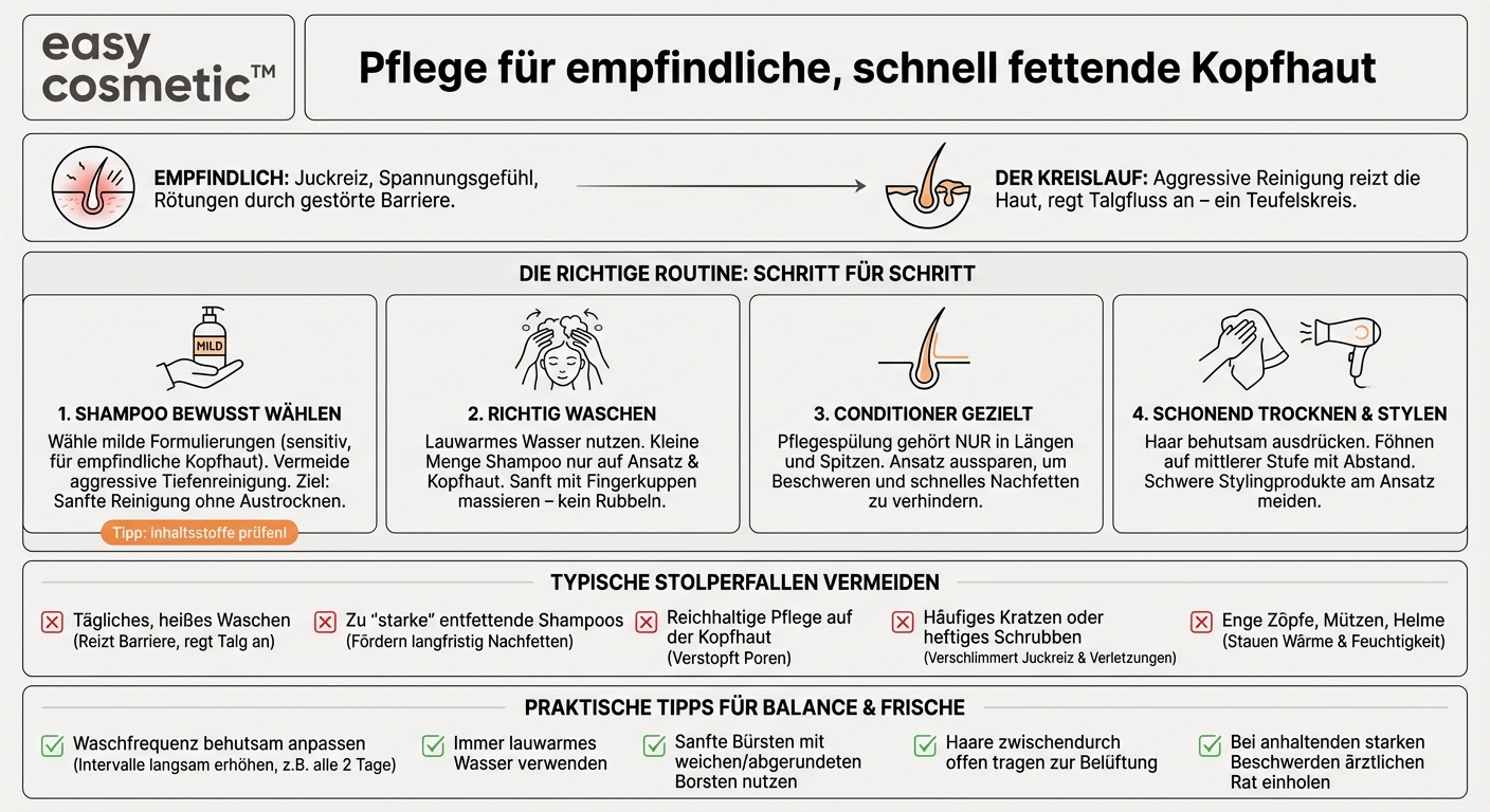 Wie passe ich meine Haarpflege an, wenn meine Kopfhaut sowohl empfindlich als auch zu Fettigkeit neigt?