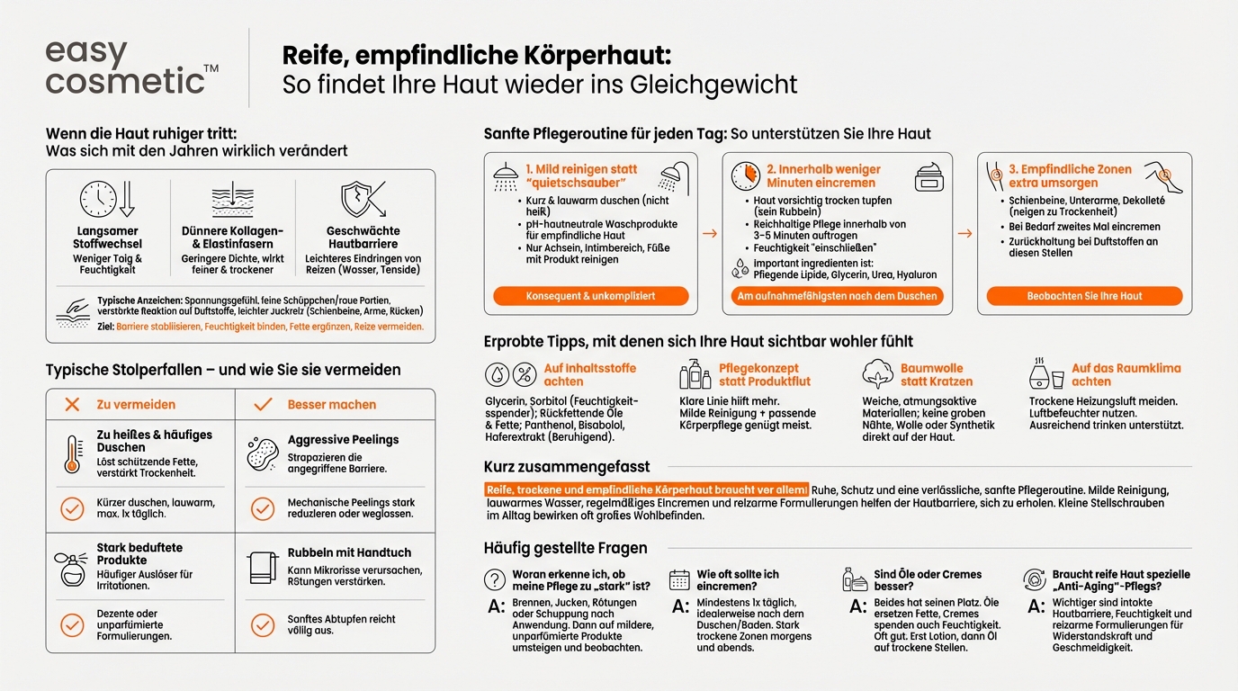 Wie pflegt man die Körperhaut in reiferem Alter, wenn sie gleichzeitig trocken und empfindlich geworden ist?