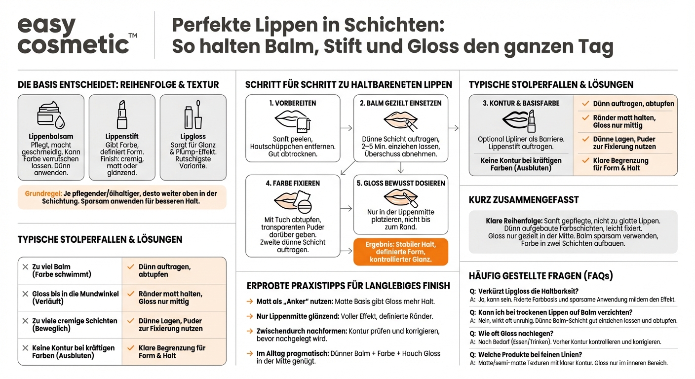 Wie schichte ich unterschiedliche Lippenprodukte (Balm, Stift, Gloss), ohne dass alles verrutscht?