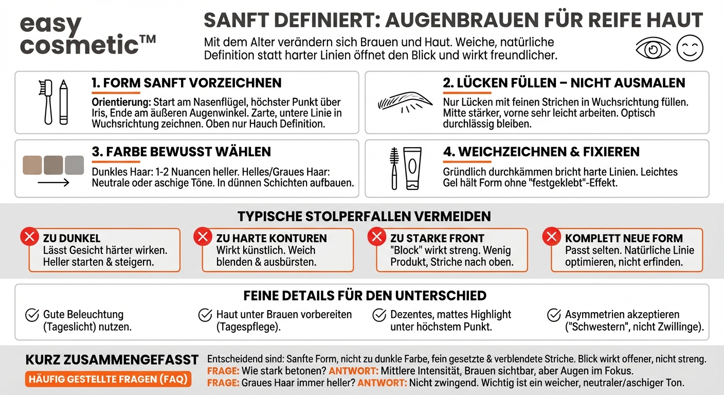 Wie schminke ich meine Augenbrauen bei reifer Haut, ohne dass sie zu hart oder streng wirken?