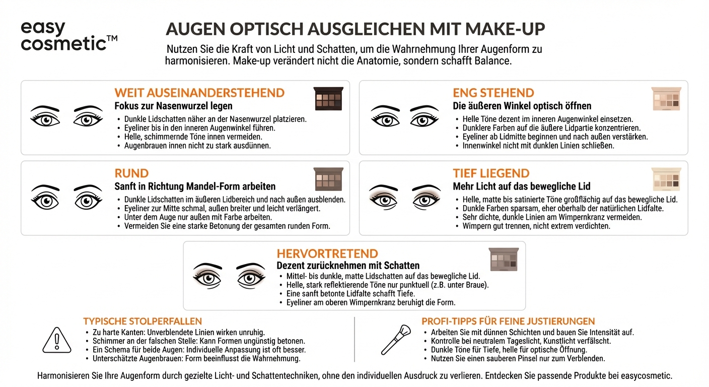 Wie setze ich Augen-Make-up ein, um unterschiedliche Augenformen optisch auszugleichen (z. B. weit auseinanderstehend, eng stehend)?