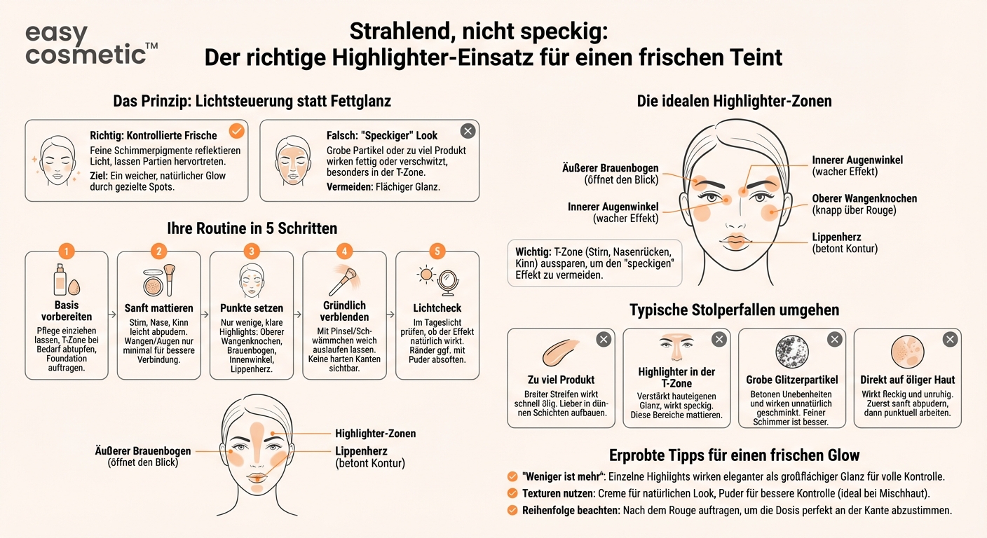 Wie setze ich Highlighter so ein, dass der Teint frisch wirkt, aber nicht speckig glänzt?