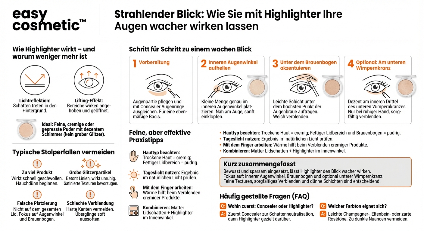 Wie setze ich mit Highlighter Akzente am Auge, damit der Blick wacher wirkt?