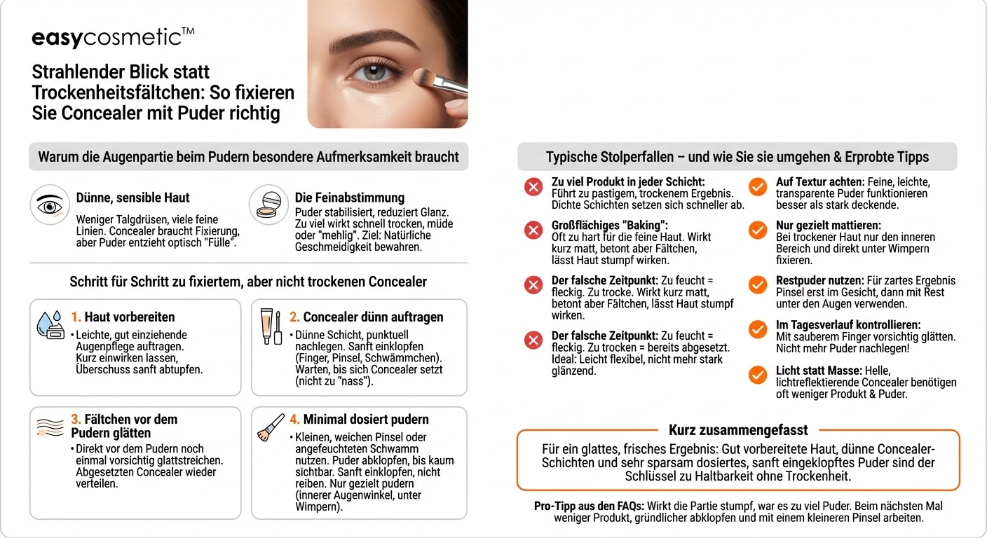 Wie setze ich Puder ein, um Concealer unter den Augen zu fixieren, ohne dass es trocken aussieht?