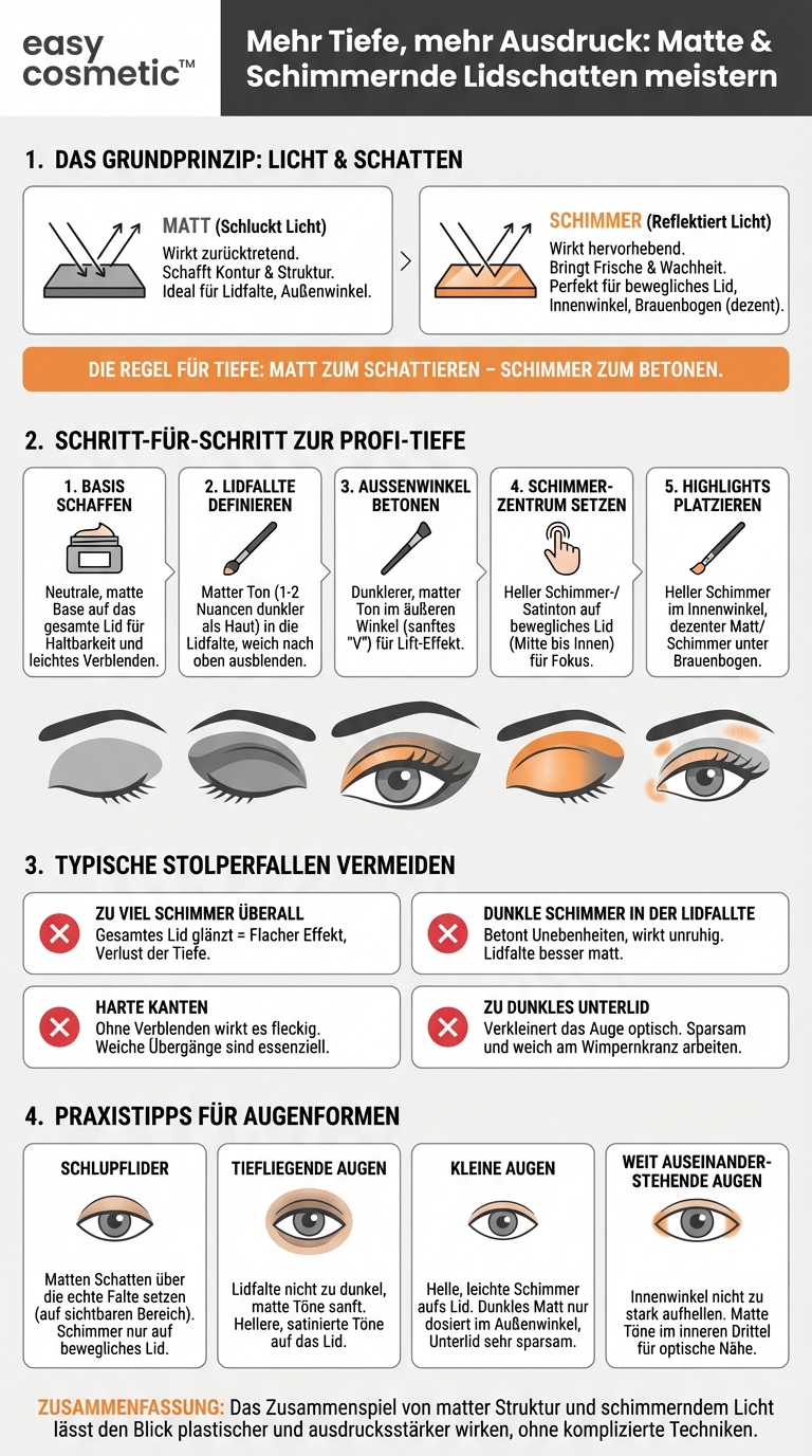 Wie setze ich schimmernden und matten Lidschatten richtig ein, um mehr Tiefe am Auge zu erzeugen?
