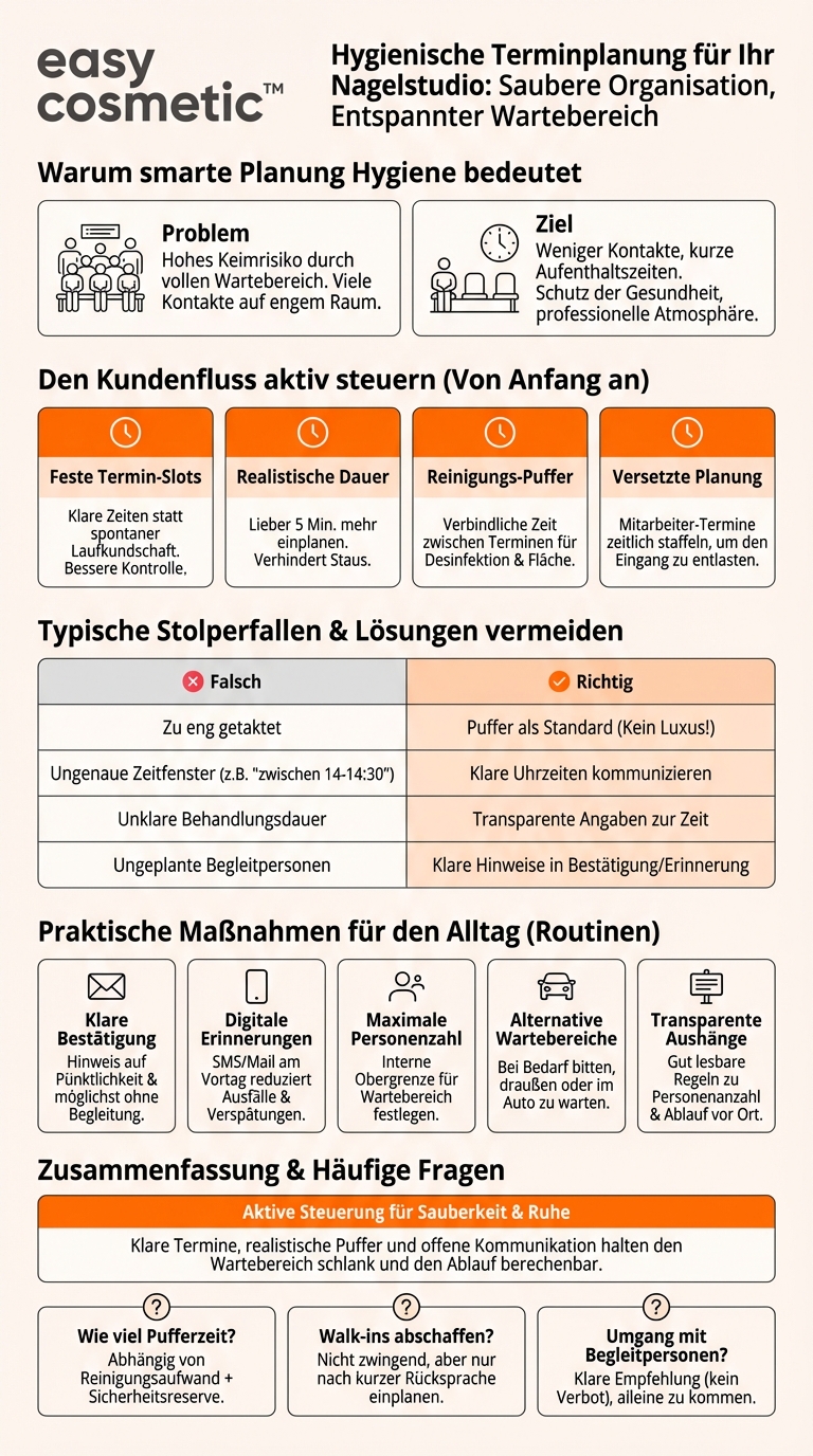 Wie sollte die Terminplanung im Nagelstudio organisiert werden, um Wartebereiche aus hygienischer Sicht nicht zu überfüllen?