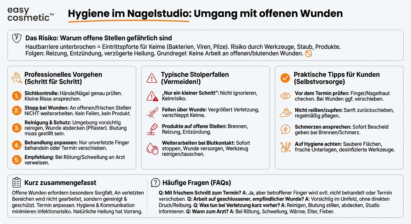 Wie sollte mit offenen Wunden oder frischen Verletzungen an Händen und Nägeln im Studio verfahren werden?