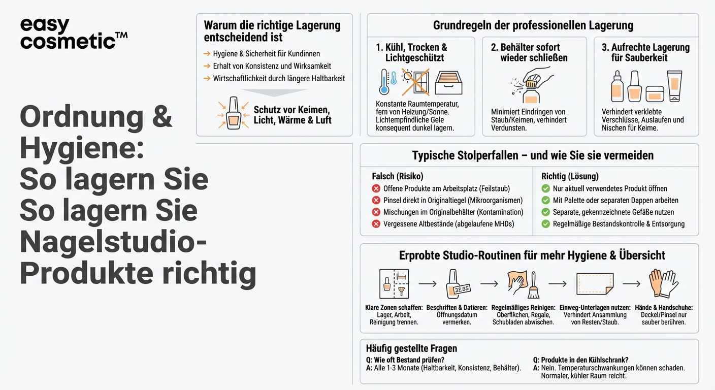 Wie sollten Nagellacke, Gele und Flüssigkeiten im Studio gelagert werden, um hygienisch zu bleiben?
