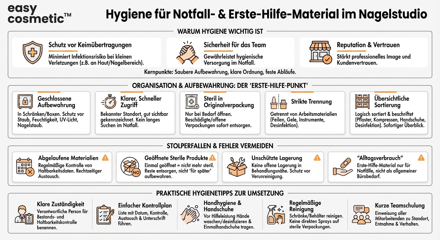 Wie sollten Notfall- und Erste-Hilfe-Materialien im Nagelstudio hygienisch bereitgehalten werden?