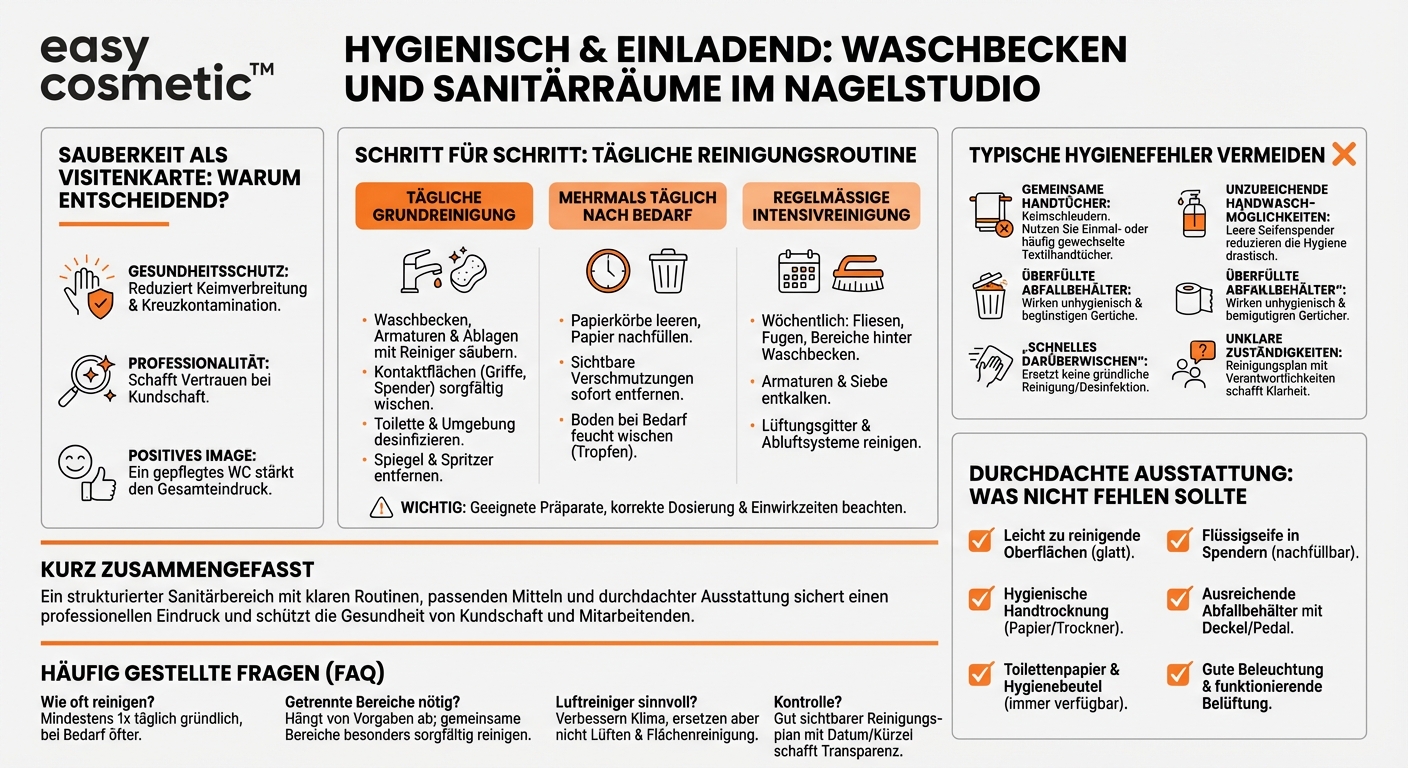Wie sollten Waschbecken und Sanitärräume im Nagelstudio gereinigt und ausgestattet sein?