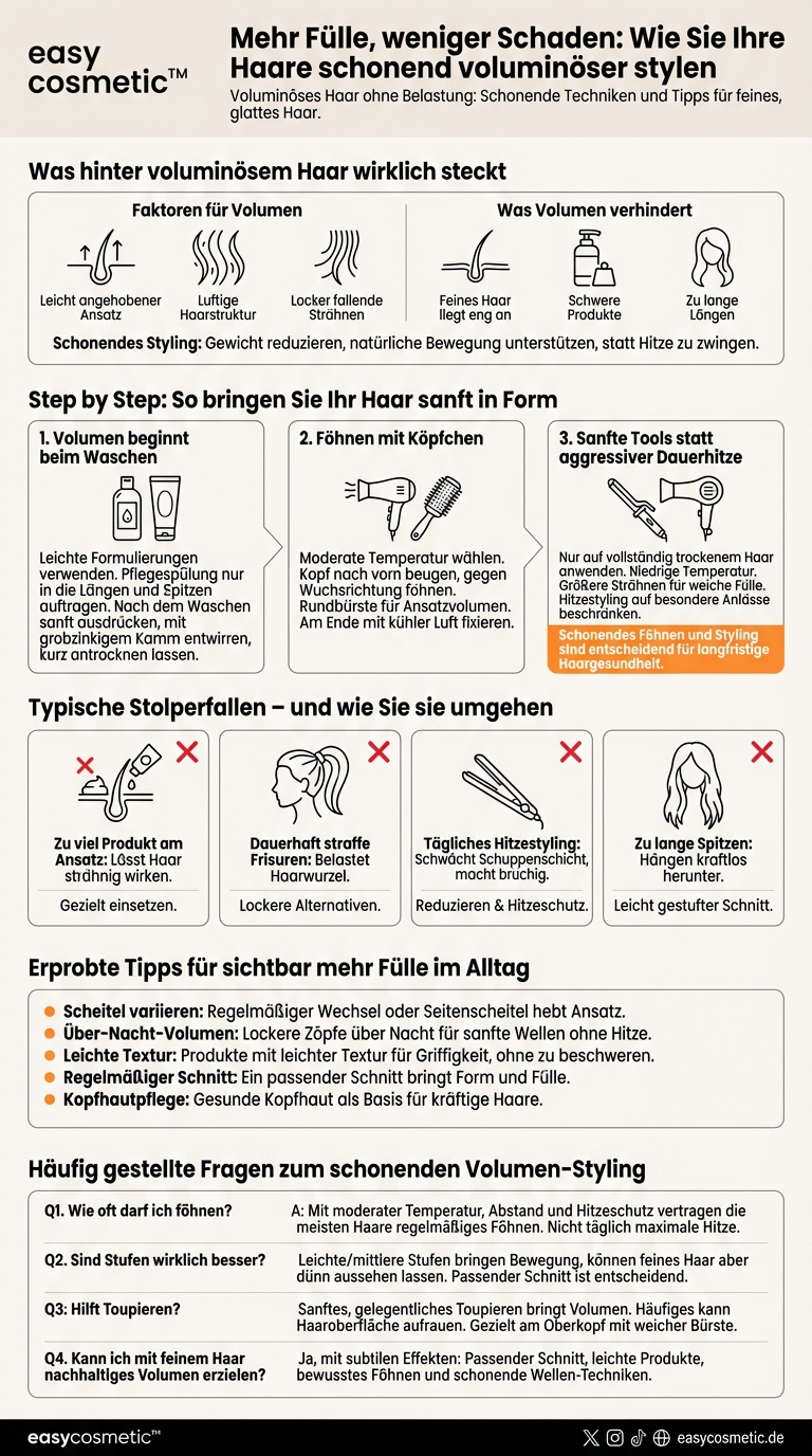 Wie style ich meine Haare, damit sie voluminöser aussehen, ohne sie zu schädigen?
