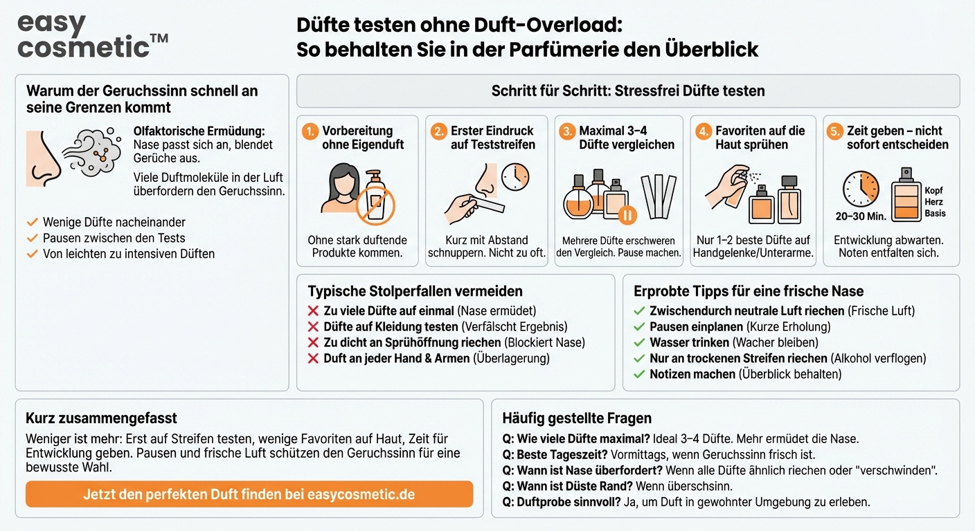 Wie teste ich Düfte am besten in der Parfümerie, ohne meinen Geruchssinn zu überfordern?