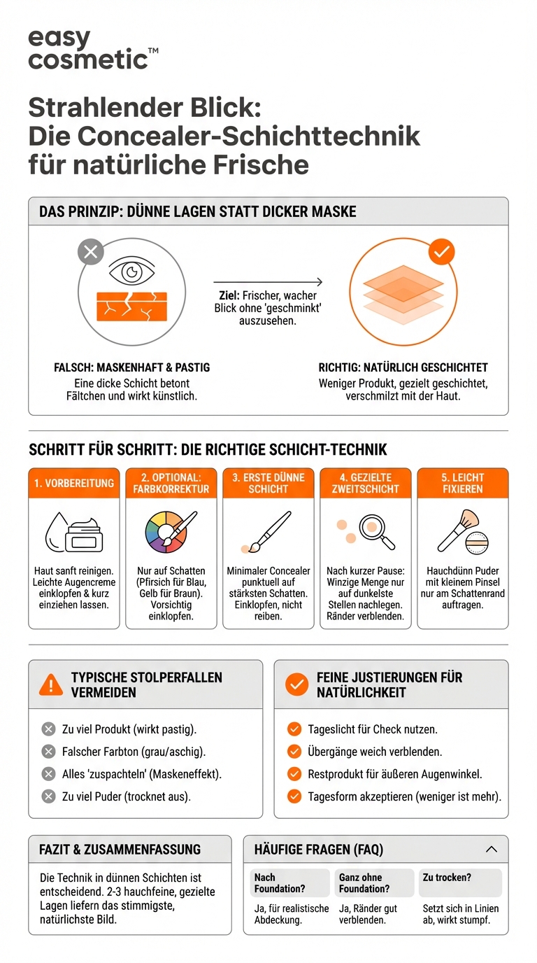 Wie trage ich Concealer bei sehr dunklen oder bläulichen Augenringen schichtweise auf, ohne zu überladen?