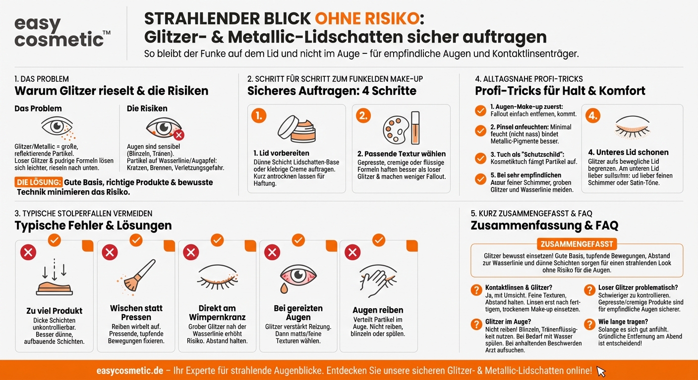 Wie trage ich Glitzer- oder Metallic-Lidschatten auf, ohne dass Partikel ins Auge geraten?