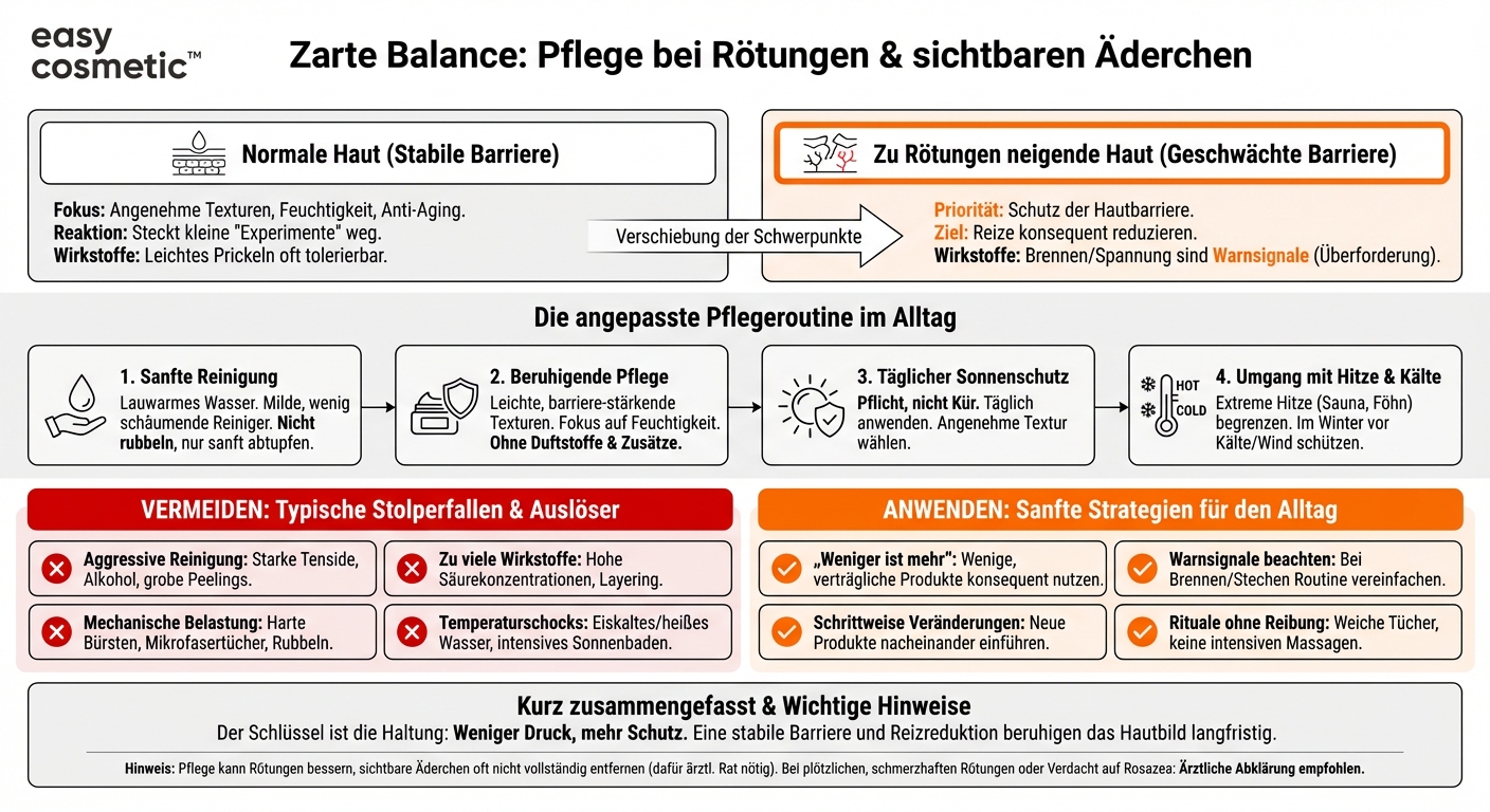 Wie unterscheiden sich die Pflegegrundlagen bei zu Rötungen und sichtbaren Äderchen neigender Haut von normaler Haut?
