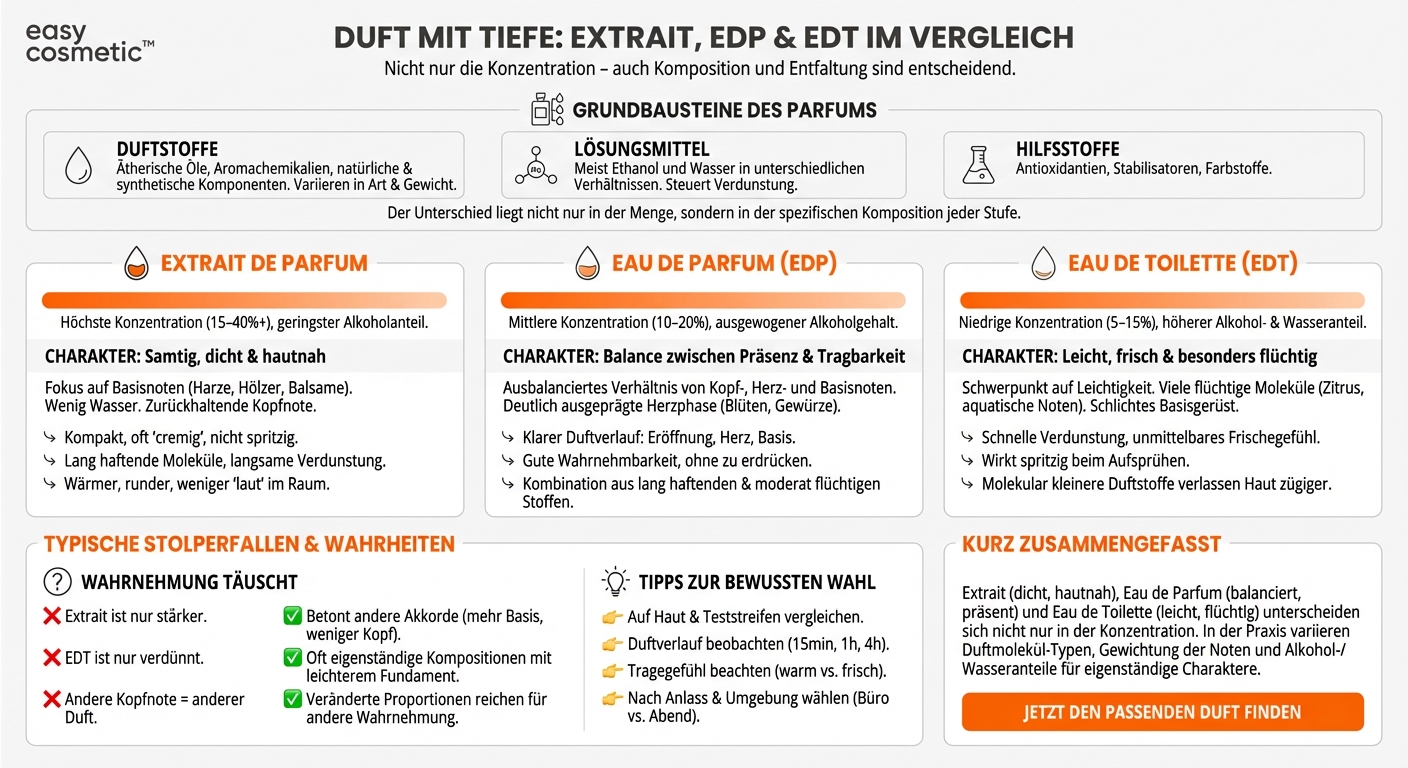 Wie unterscheiden sich Extrait de Parfum, Eau de Parfum und Eau de Toilette in ihrer chemischen Zusammensetzung (abseits der Konzentration)?