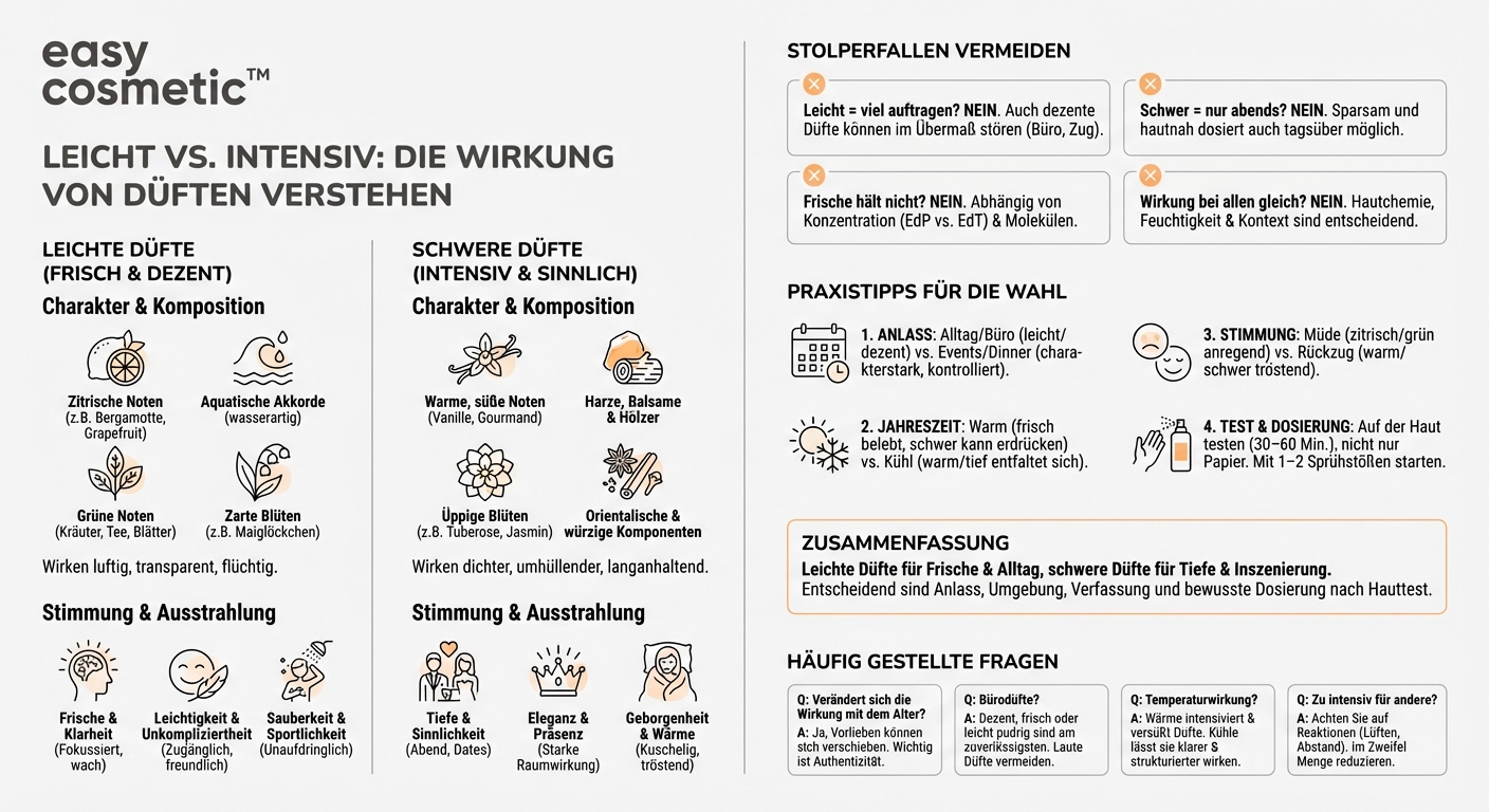 Wie unterscheiden sich leichte, frische Düfte in ihrer Wirkung von schweren, intensiven Kompositionen?