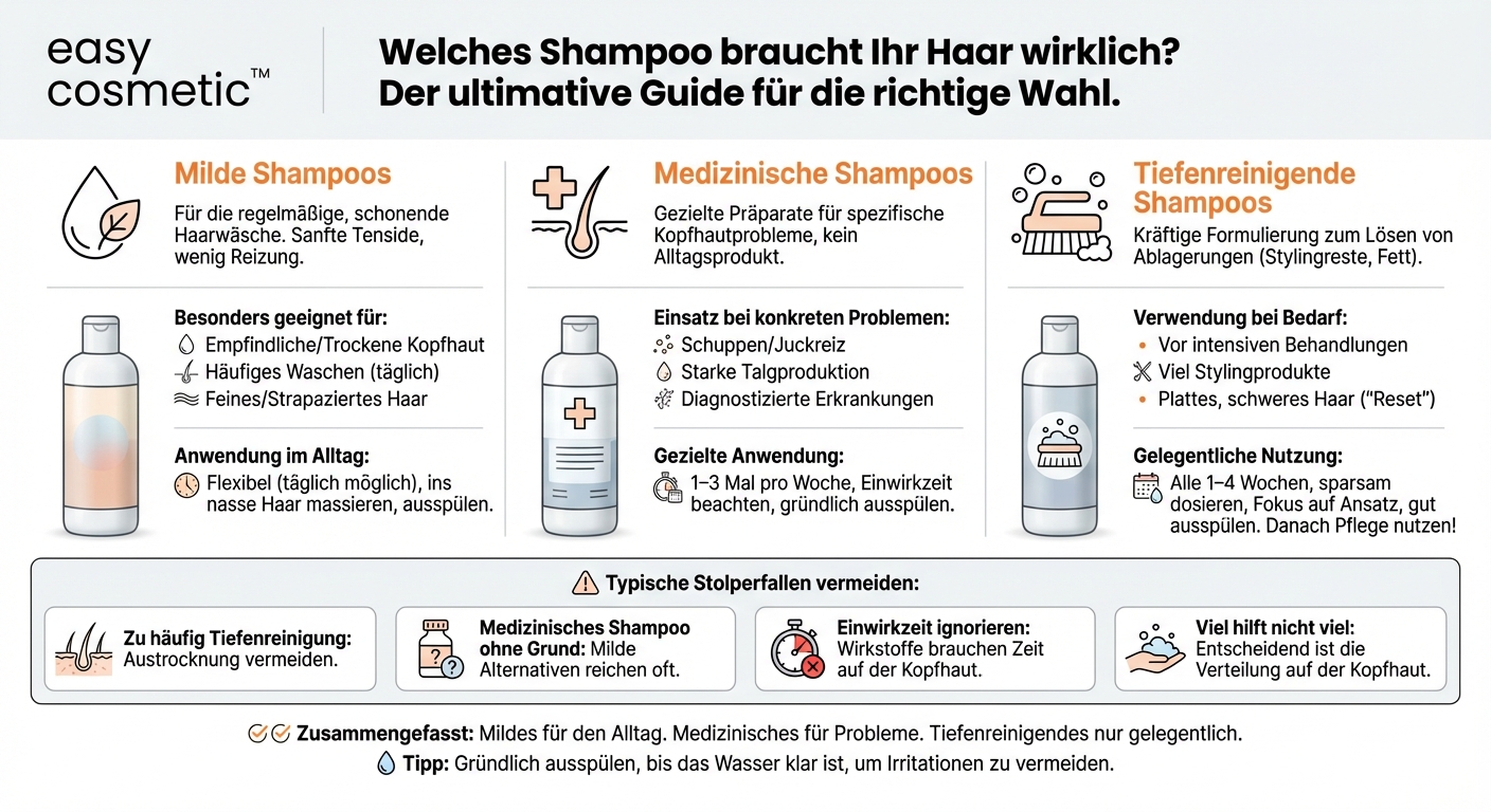 Wie unterscheiden sich mildes, medizinisches und tiefenreinigendes Shampoo in der Anwendung?