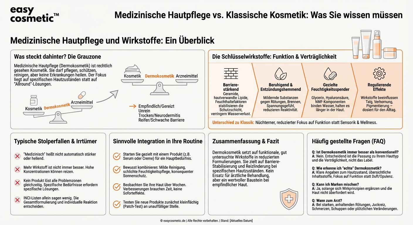 Wie unterscheidet sich medizinische Hautpflege (Dermokosmetik) von konventioneller Pflege im Hinblick auf Wirkstoffe?