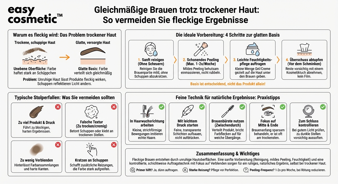 Wie verhindere ich, dass Augenbrauenprodukte an trockenen oder schuppigen Stellen fleckig wirken?