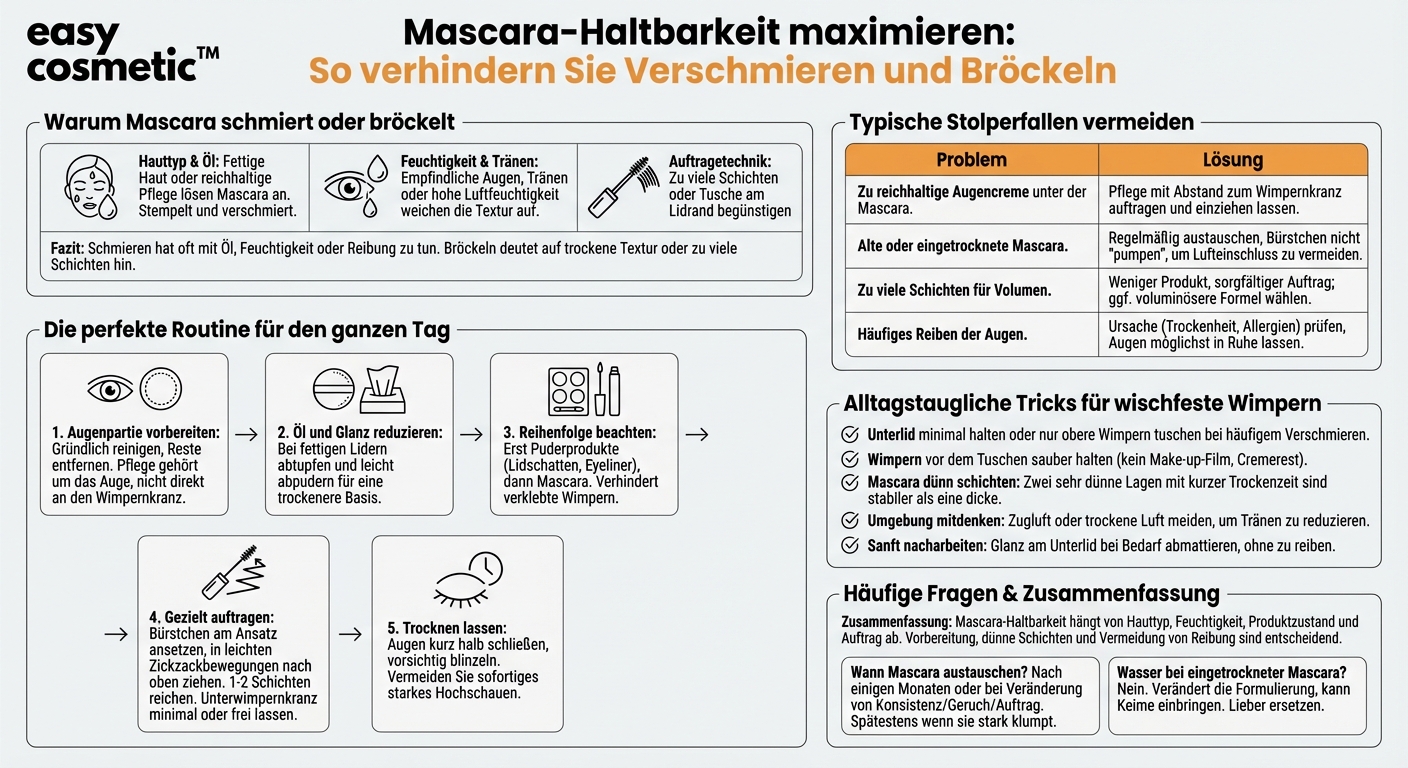 Wie verhindere ich, dass Mascara im Laufe des Tages verschmiert oder abbröckelt?