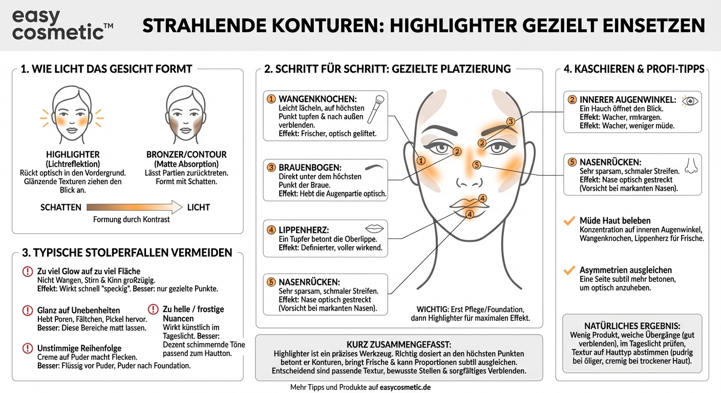 Wie verwende ich Highlighter, um bestimmte Gesichtspartien optisch zu betonen oder zu kaschieren?
