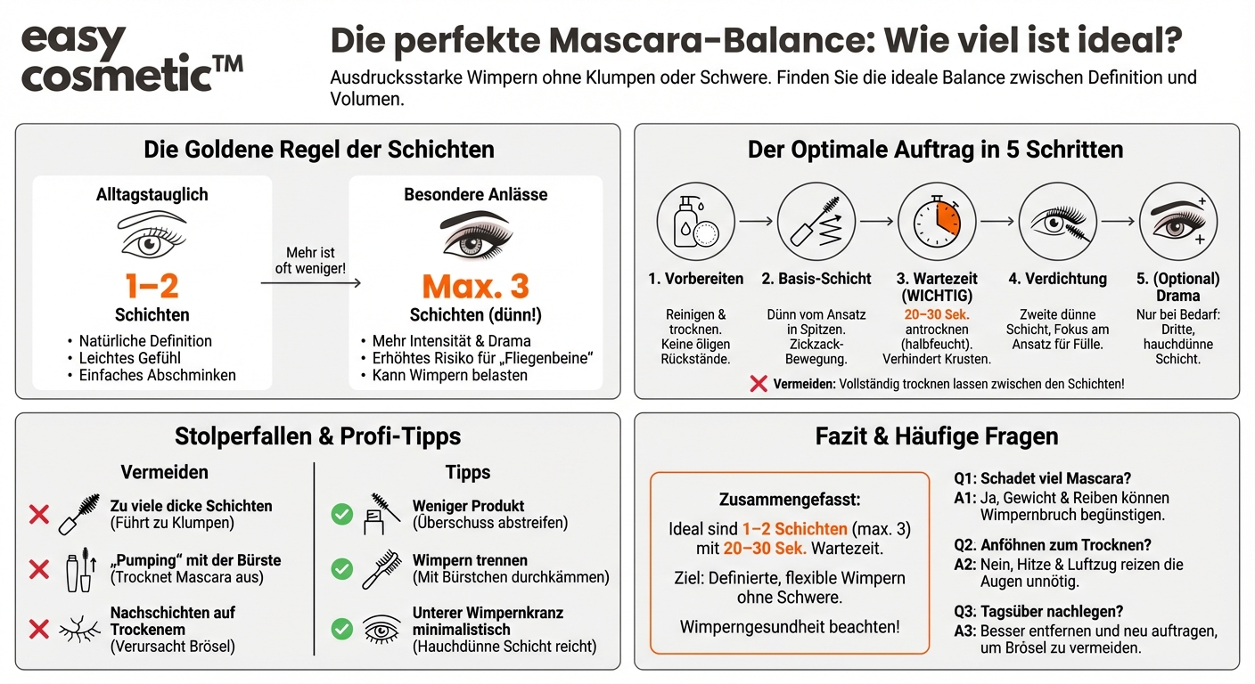 Wie viele Schichten Mascara sollte ich maximal auftragen, und wie lange warte ich zwischen den Schichten?