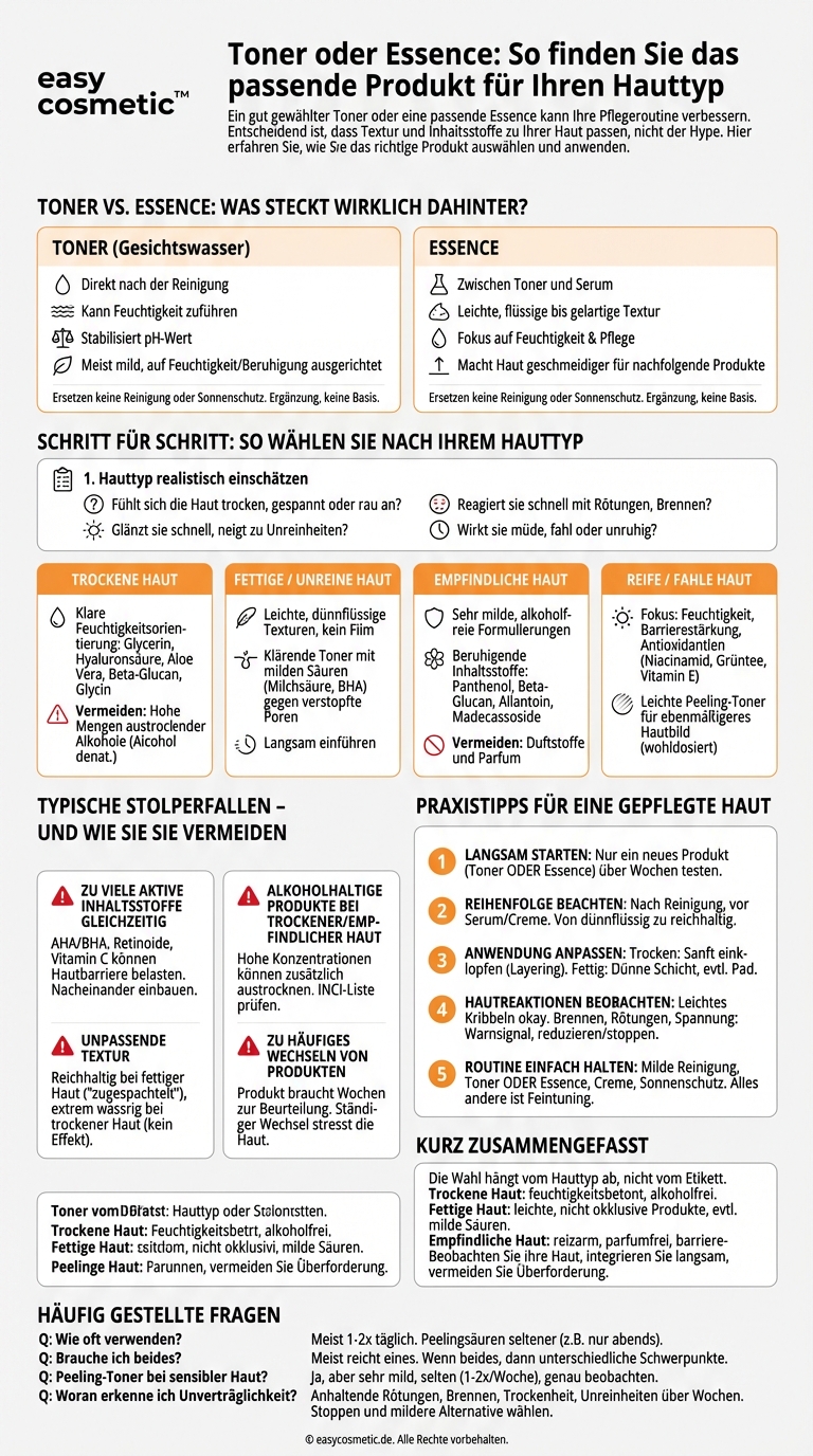 Wie wähle ich einen passenden Toner oder eine Essence für meinen Hauttyp aus?