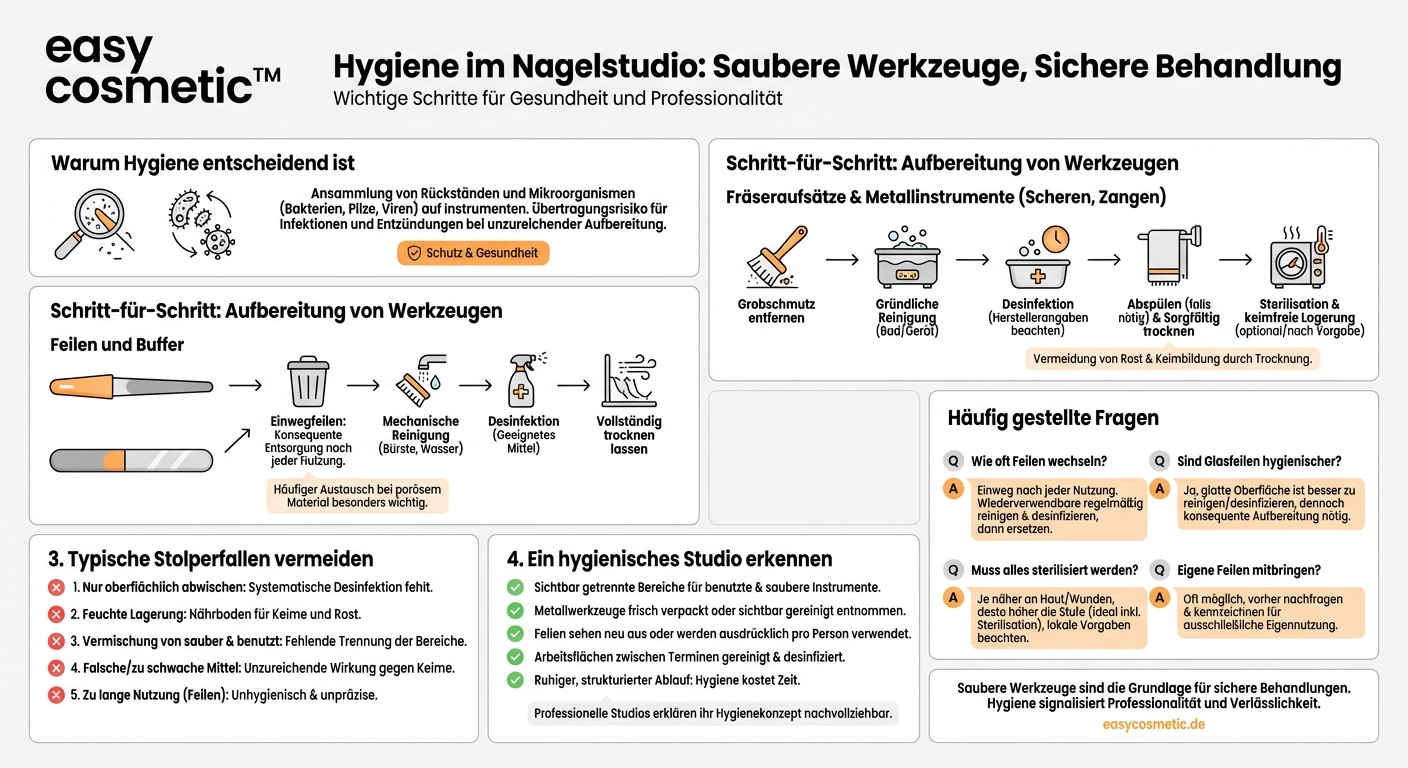 Wie werden Feilen, Fräseraufsätze und Scheren im Nagelstudio korrekt gereinigt?
