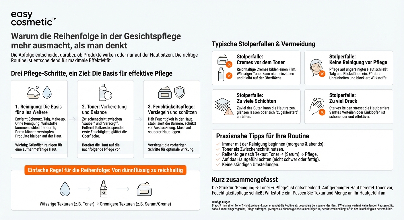 Wie wichtig ist die richtige Reihenfolge von Reinigung, Toner und Feuchtigkeitspflege für die Wirkung?