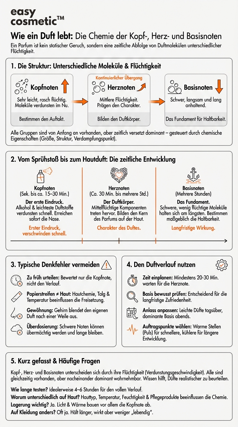 Wie wirken Kopf-, Herz- und Basisnoten technisch zusammen, um den Duftverlauf eines Parfums zu bestimmen?