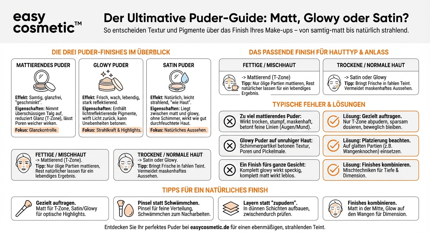 Wie wirkt sich ein mattierendes Puder im Vergleich zu einem glowy oder satin Puder auf das Finish aus?