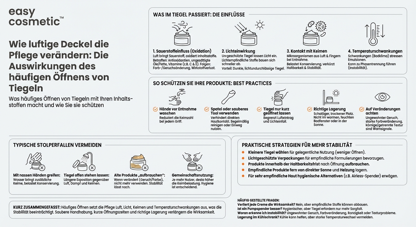 Wie wirkt sich häufiges Öffnen und Schließen von Tiegeln auf die Stabilität der Inhaltsstoffe aus?