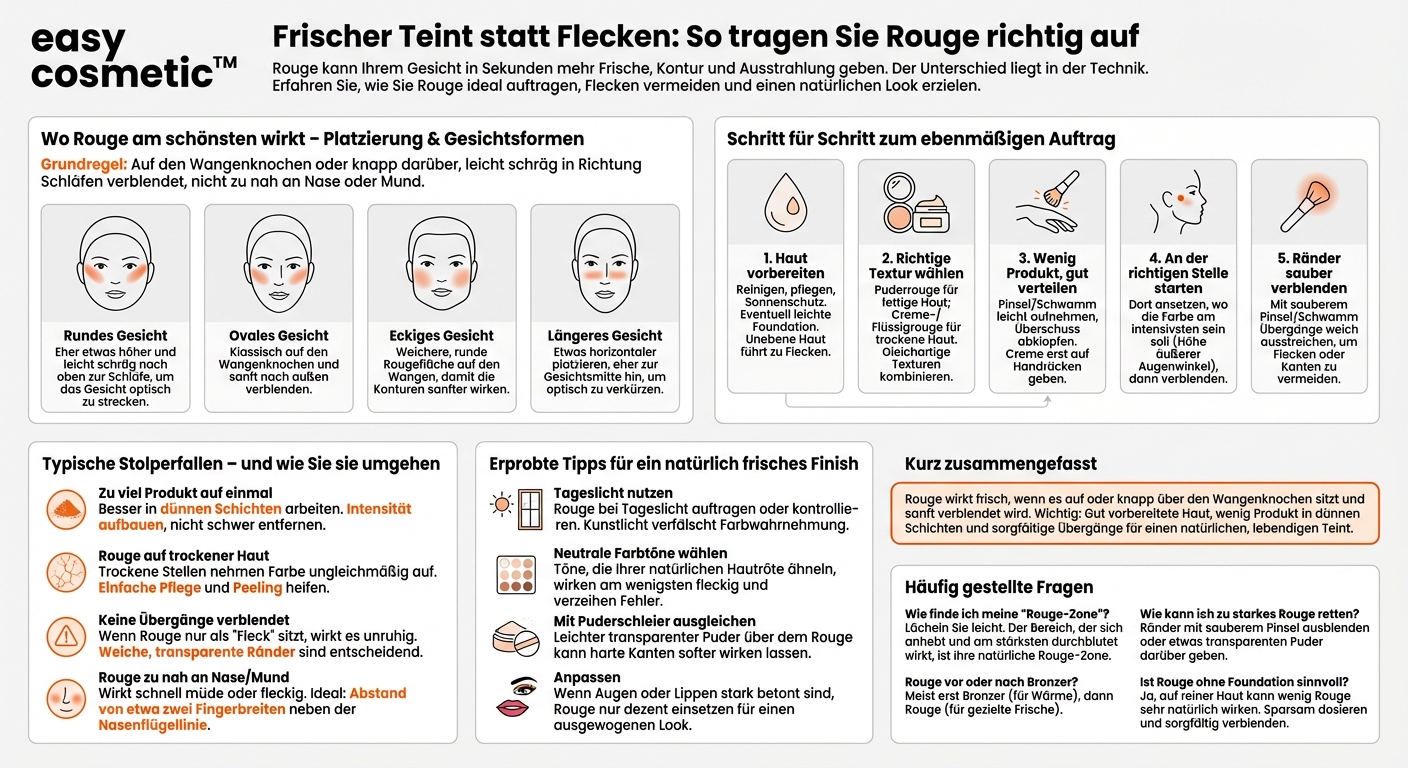 Wo trage ich Rouge richtig auf, damit es frisch und nicht fleckig wirkt?