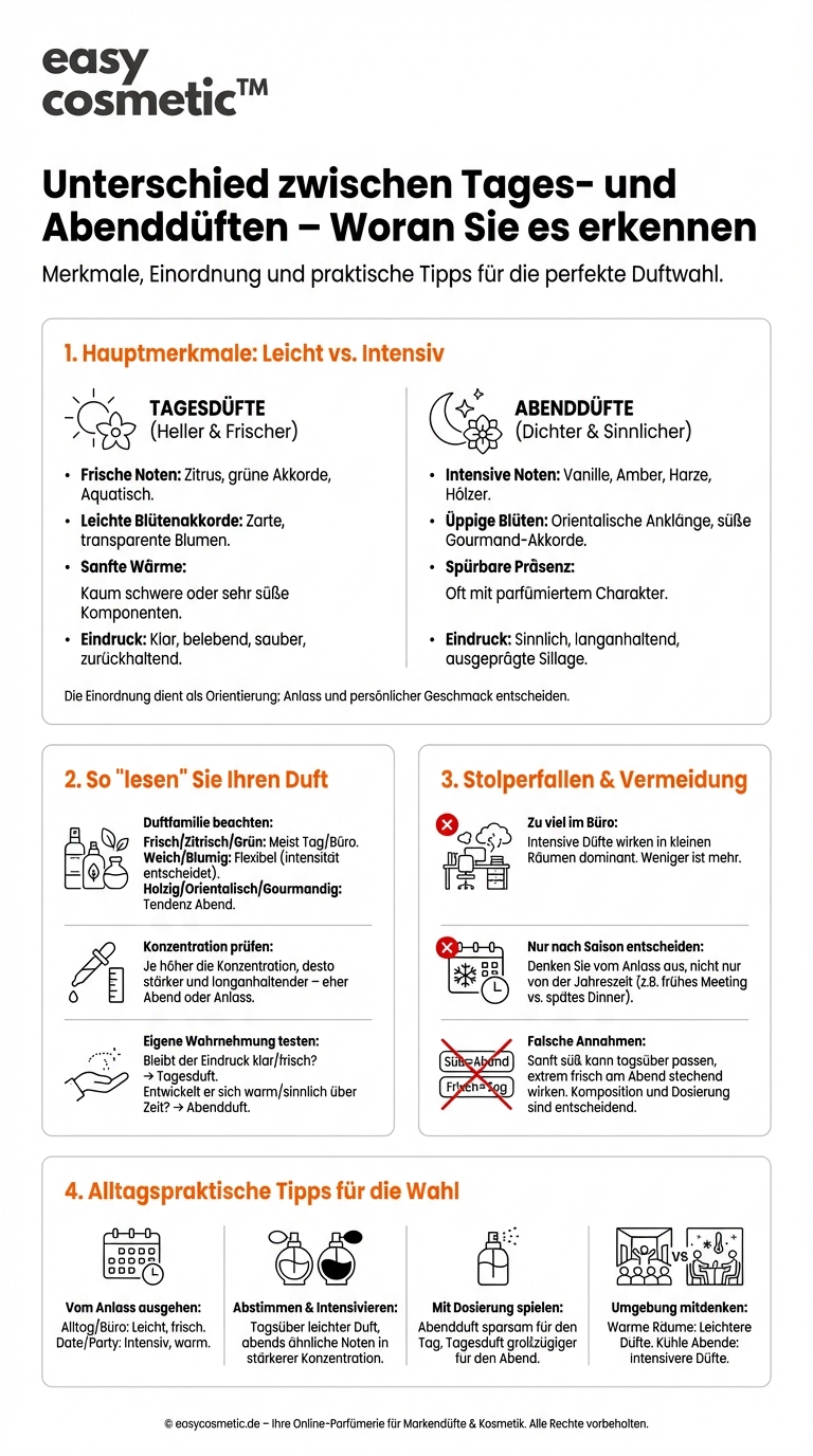 Woran erkenne ich, ob ein Parfum eher für den Tag oder den Abend geeignet ist?