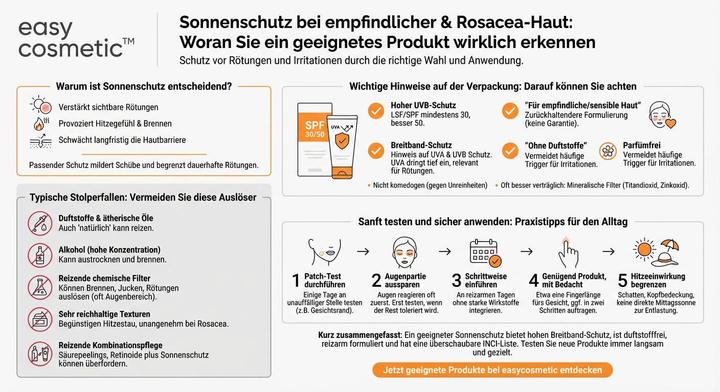Woran erkenne ich, ob ein Sonnenschutz für empfindliche oder zu Rosacea neigende Haut geeignet ist?