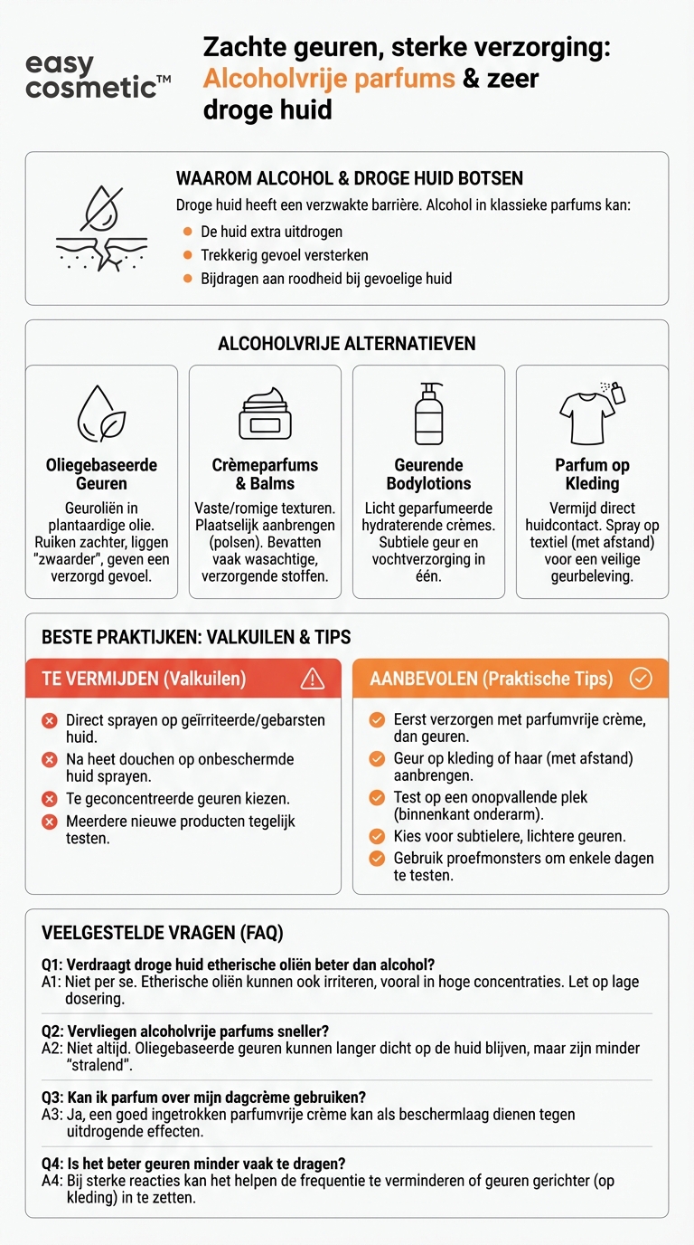 Zijn er goede alcoholvrije parfums of geuren voor een zeer droge huid?