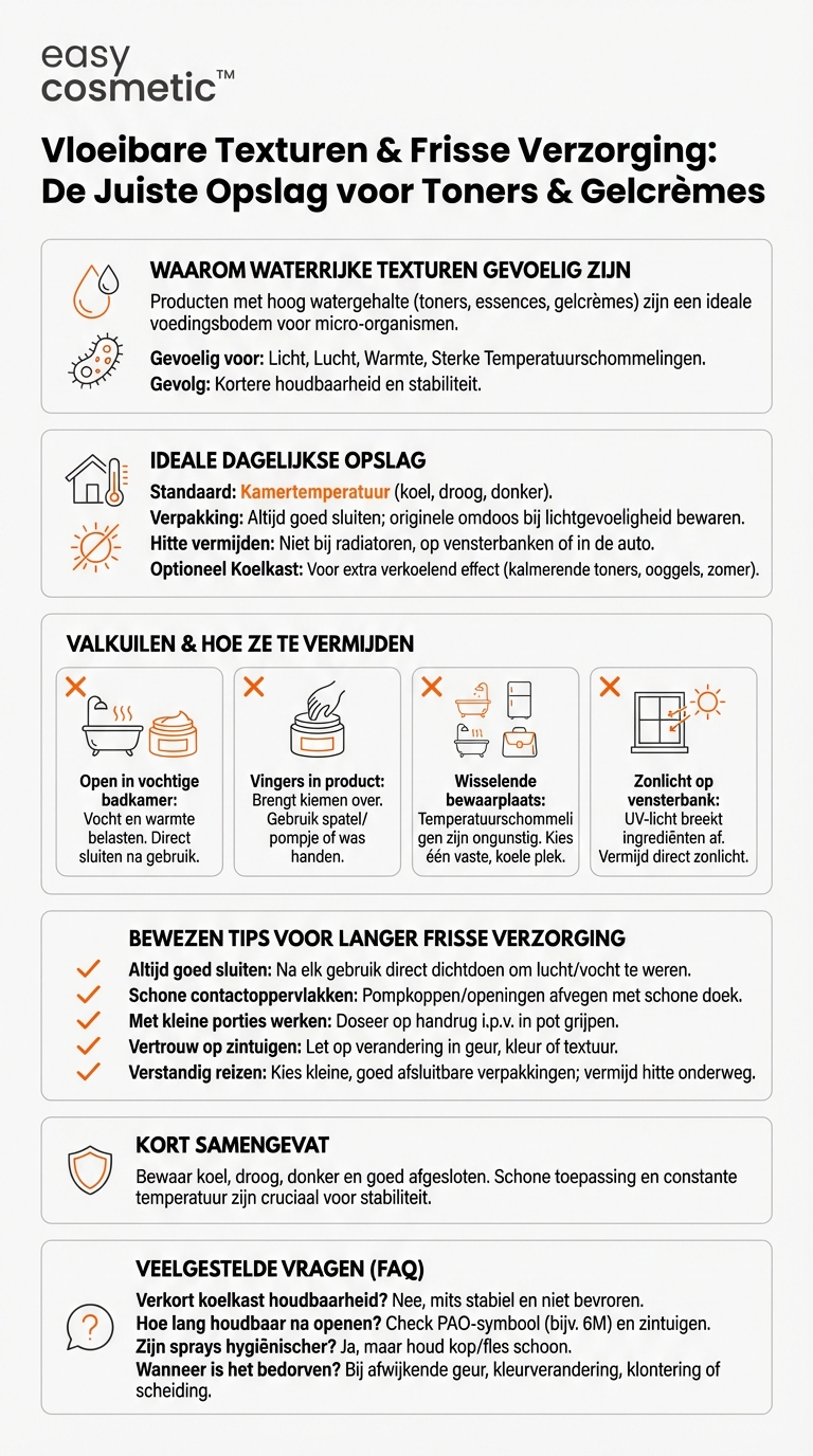 Zijn er speciale bewaaraanbevelingen voor producten met een hoog watergehalte, zoals gezichtstoners of gelcrèmes?