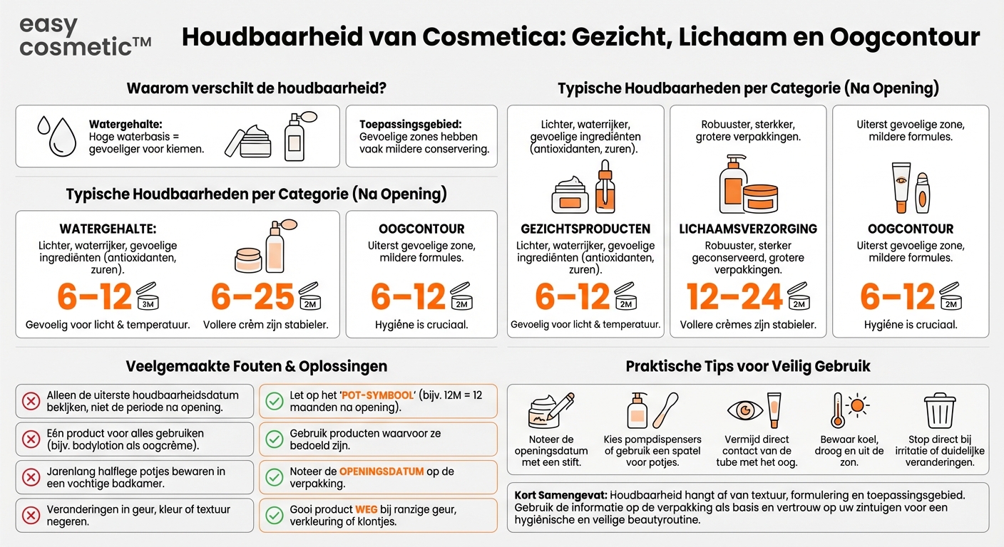 Zijn er verschillen in de houdbaarheid tussen producten voor gezicht, lichaam en oogcontour?