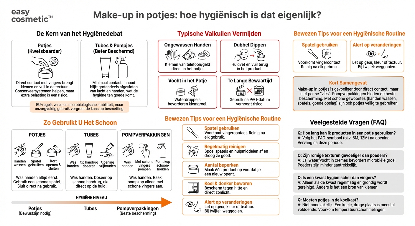 Zijn make-upproducten in potjes onhygiënischer dan producten met pompflacon of tube?