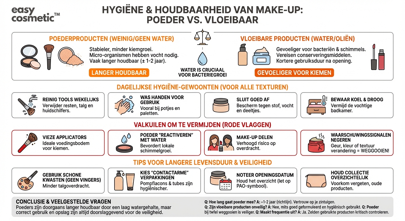 Zijn poederproducten (oogschaduw, blush, bronzer) hygiënischer en langer houdbaar dan vloeibare producten?