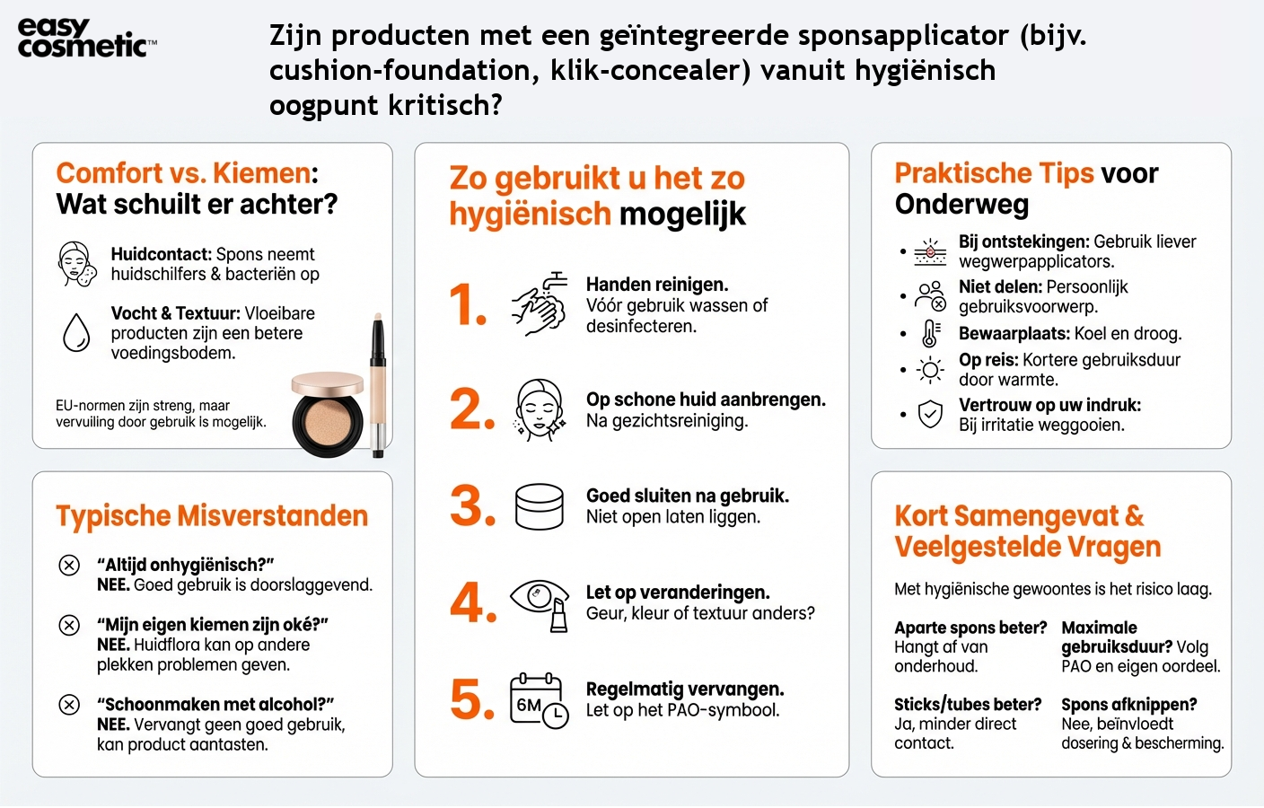 Zijn producten met een geïntegreerde sponsapplicator (bijv. cushion-foundation, klik-concealer) vanuit hygiënisch oogpunt kritisch?
